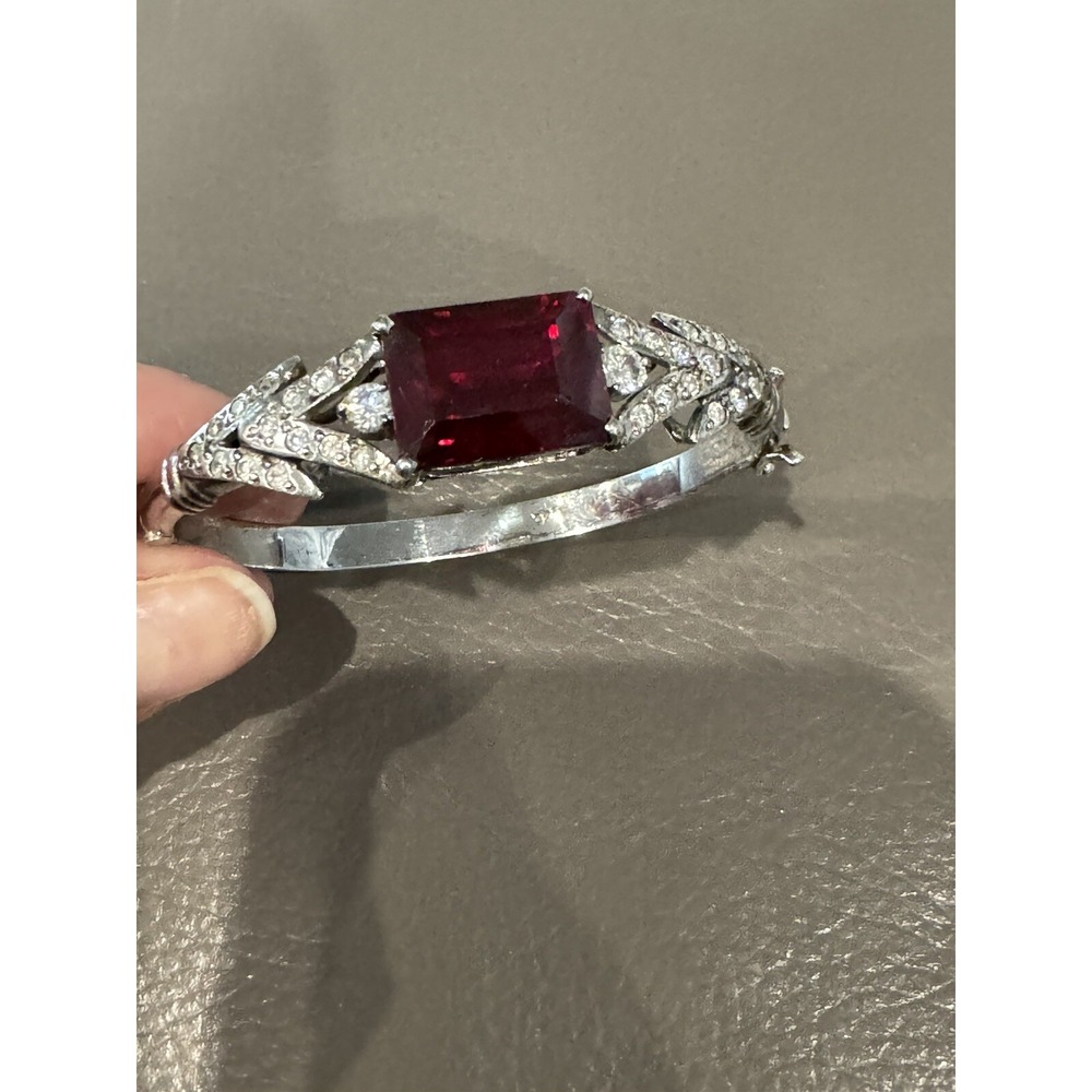 VTG Sterling Silver - Art Nouveau Deco Hinged Cuff Bracelet Ruby Cz